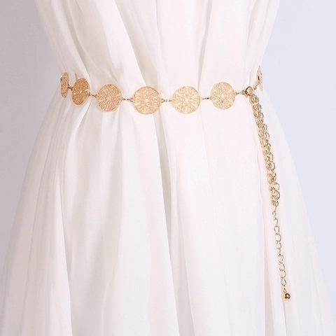 Mujer Moda Metal Cintura Cadena Cinturón Hueco Ronda Círculo Decorativo Ajustable Vestido Accesorio Joyería Elegante Regalo