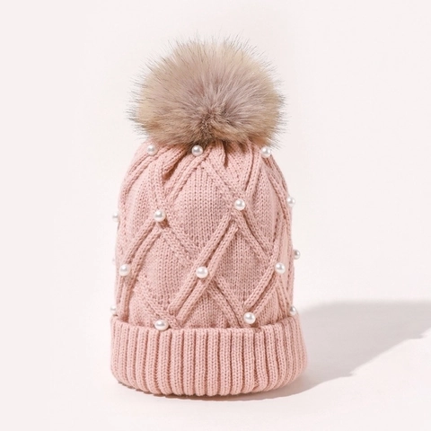 Women Winter Beanie Hat Knit Rhombic Pattern Faux Artificial Pearl Decoration Large Faux Fur Pom Pom Warm Solid Color Elegant