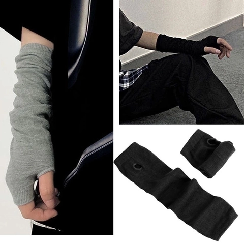Knitted Long Arm Warmers Fingerless Gloves With Thumb Hole Striped Gothic Punk Ninja Streetwear Unisex Arm Sleeves