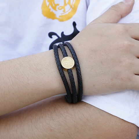 Pulsera De Cuero De Vaca Trenzado De Múltiples Capas Para Hombres Acero Inoxidable Etiqueta Redonda Carácter Ren
