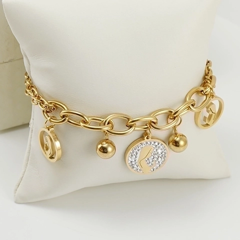 Double Layer Bracelet Gold Plated Stainless Steel Round Beads Hollow Female Silhouette Pendant Rhinestone Fashion Jewelry For Women
