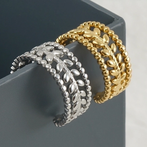 Hohl Blatt Offener Ring Für Damen Französisch Retro Verstellbar 18K Vergoldet Titanstahl Perlenrand Schmuck
