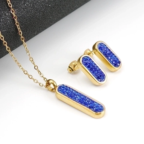 Stainless Steel Geometric Rectangular Pendant Necklace And Stud Earrings Encrusted With Rhinestones Luxury Fashion Jewelry For Women