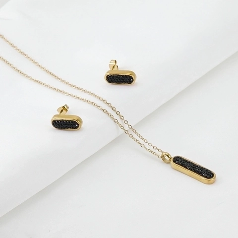 Necklace And Stud Earrings Jewelry Set Stainless Steel 18K Gold Plated Rectangle Rhinestone Encrusted Geometric Women