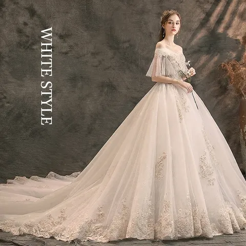 Off-The-Shoulder Spitze Stickerei Hochzeitskleid Pailletten Kathedrale Schleppe Prinzessin Ballkleid Luxus Elfenbein Braut
