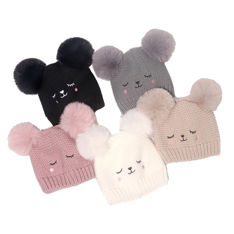 Kids Knitted Beanie Hat Double Pompoms Cartoon Animal Embroidery Warm Windproof Toddler Winter Accessory