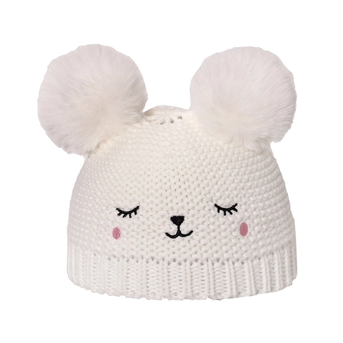 Kids Knitted Beanie Hat Double Pompoms Cartoon Animal Embroidery Warm Windproof Toddler Winter Accessory