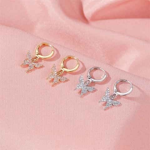 Boucles d'oreilles créoles papillon en cuivre élégantes avec incrustation de zircon et strass pour femmes bijoux de mode