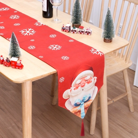 Christmas Table Runner Cotton Linen Double Layer Printed Snowflake Gnome Santa Pattern Holiday Dining Table Decoration Home Decor