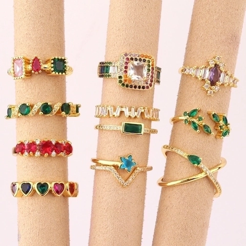 Brass Adjustable Open Ring With 18K Gold Plating And Micro Paved Colorful Zircon Geometric Jewelry For Women