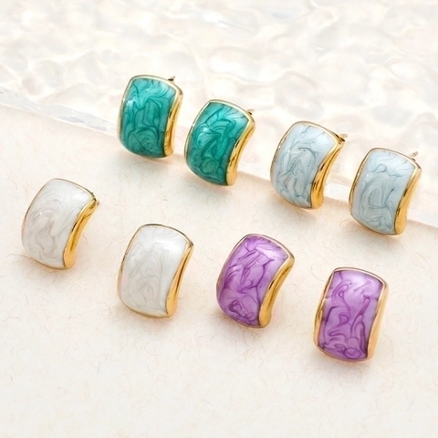 Stainless Steel Stud Earrings With Enamel Drip Glaze Marble Texture French Retro Exquisite Small Jewelry For Women