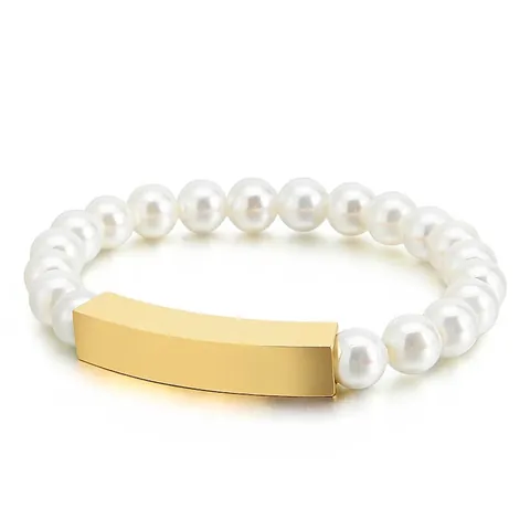 Elegante Pulsera De Perlas Artificiales De Concha Para Mujer Con Placa De Metal Rectangular De Acero Inoxidable Pulido Joyería