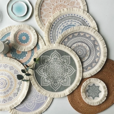 Sets De Table Et Dessous De Verre Tissés Ronds Coton Lin Résistant À La Chaleur Gland Mandala Motif Décoration De Table