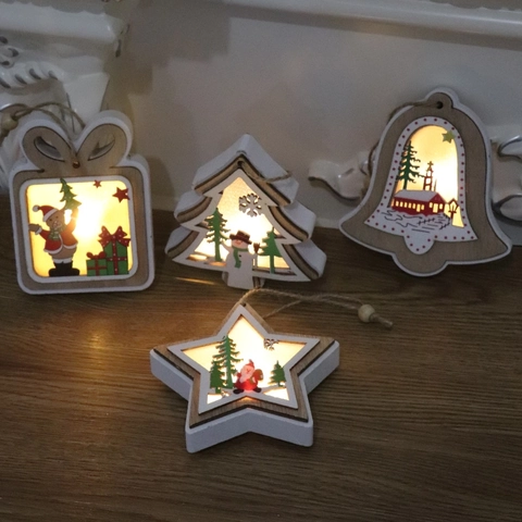 Christmas Hanging Ornaments Wooden LED Glowing Light Up Xmas Tree Bell Star Shapes Festive Home Decor Novelty