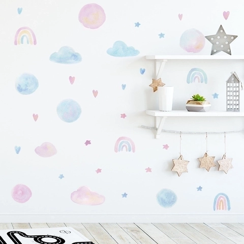 Muurstickers Regenboog Wolken Sterren Hart Aquarel PVC Kinderkamer Handgeschilderd Decoratie Stickers