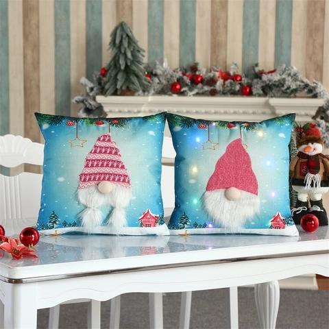 Christmas LED Light Up Cushion Cover Gnome Tomte Pattern With 3D Plush Beard Faux Linen Festive Xmas Home Decor