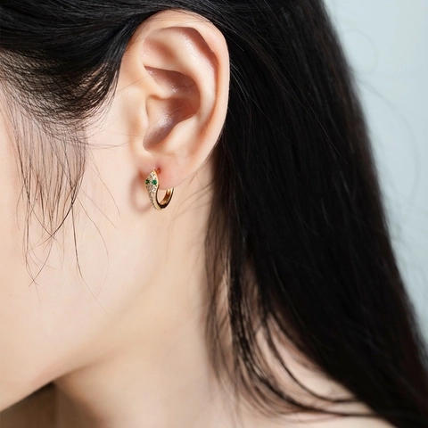 925 Sterling Silver Snake Stud Earrings For Women With Green Zirconia Electroplated Gold Fashion Jewelry Earrings