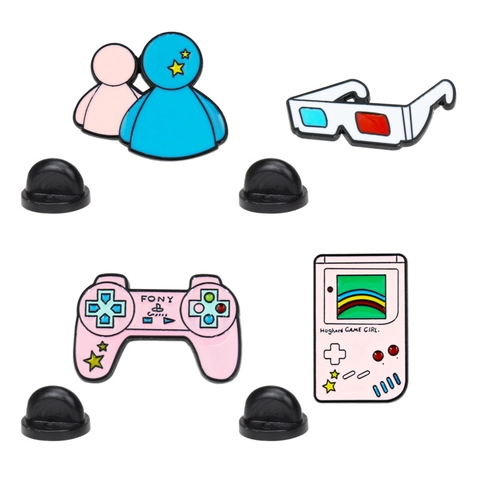 Retro Gaming Enamel Brooch Pins Zinc Alloy Drip Oil Pink Console Handheld Controller 3D Glasses Kawaii Novelty Jewelry