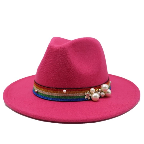 Fedora Hat For Women Woolen Felt Wide Flat Brim Rainbow Ribbon Artificial Pearl Flower Retro Jazz Cap Elegant Accessory