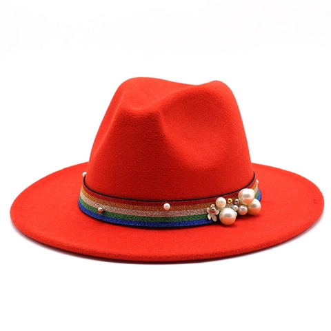 Fedora Hat For Women Woolen Felt Wide Flat Brim Rainbow Ribbon Artificial Pearl Flower Retro Jazz Cap Elegant Accessory