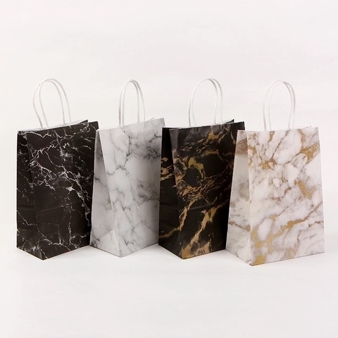 Marble Texture Kraft Paper Gift Bags With Rope Handles Portable Creative Packaging For Wedding Party Shopping