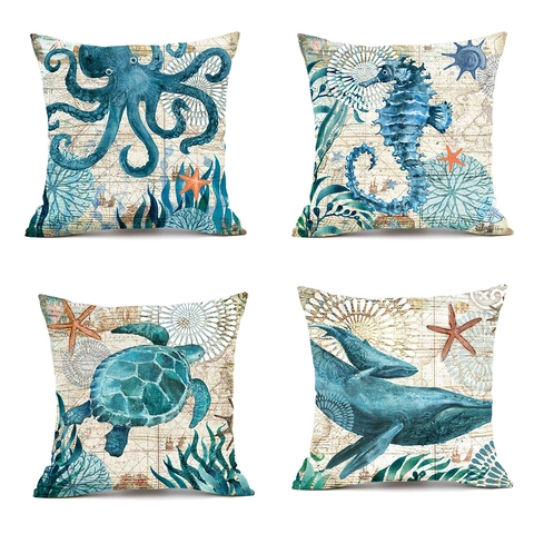 Decorative Pillow Covers Linen Ocean Life Watercolor Nautical Map Style For Sofa Living Room Square Invisible Zipper