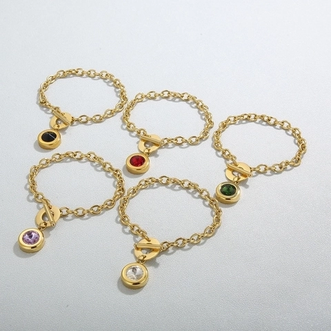 Fashion Women Stainless Steel Bracelet Round Gemstone Pendant Toggle Clasp O Chain Ins Style Elegant Jewelry