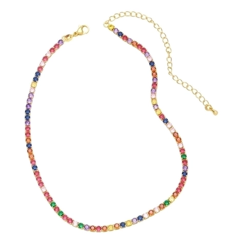 Single Row Tennis Necklace Copper Gold Plated With Colorful Zircon Adjustable Extender Fashion Jewelry For Women Hip Hop Style