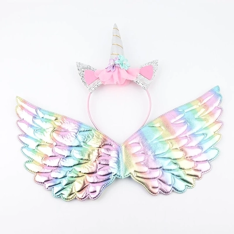 Unicorn Rainbow Wings And Headband Metallic PU Leather Sequin Kids Girls Birthday Party Cosplay Costume Performance
