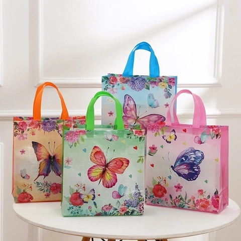 Butterfly Floral Non-Woven Tote Bag Reusable Gift Packaging For Birthday Party Celebration Festive Colorful