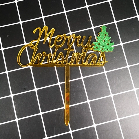 Merry Christmas Cake Topper Acrylic Glitter Christmas Tree Snowflake Mirror Finish Holiday Baking Decoration Party Supplies