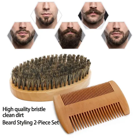 Beard Grooming Kit Wooden Boar Bristle Brush Double Sided Wood Comb For Men Face Hair Styling Natural Material Anti Static