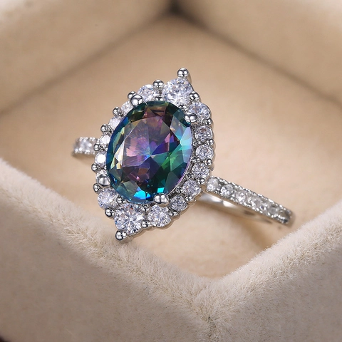 Oval Mystic Topaz Style Colorful Zircon Halo Ring Copper For Women Wedding Proposal Birthday Jewelry Gift