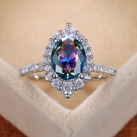 Oval Mystic Topaz Style Colorful Zircon Halo Ring Copper For Women Wedding Proposal Birthday Jewelry Gift