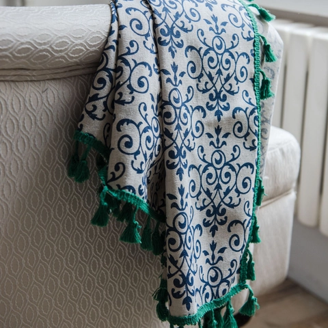 Vintage Chinese Style Kitchen Door Curtain Blue White Floral Print Cotton Linen Semi Blackout Decorative Green Tassel Trim
