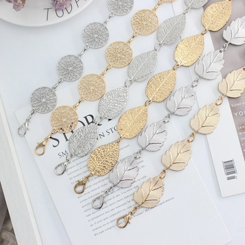Women Metal Chain Belt Alloy Hollow Leaf Round Filigree Adjustable Waist Chain With Rose Pendant For Dress Decoration