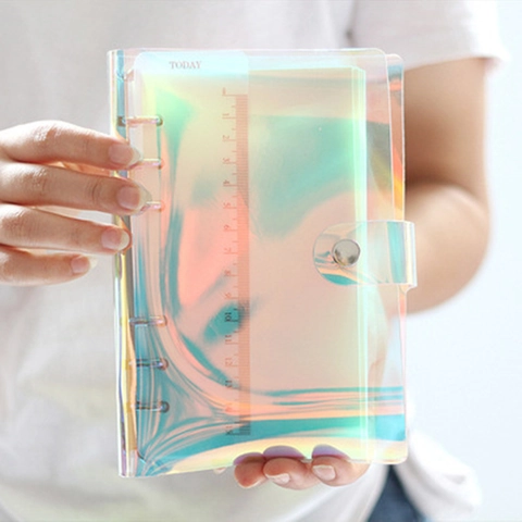 Holographisches Laser Transparentes PVC Loseblatt Notizbuch 6-Ring Binder Planer Tagebuch Hülle Mit Lineal Lesezeichen