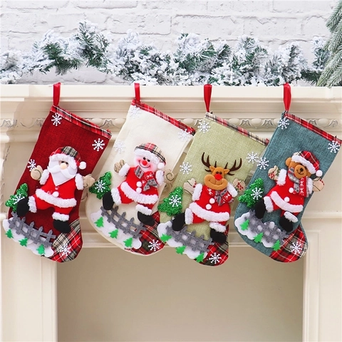 Calcetín De Navidad De Lino Bolsa De Regalo Con Papá Noel Muñeco De Nieve Reno Oso Dibujos Animados Decoración