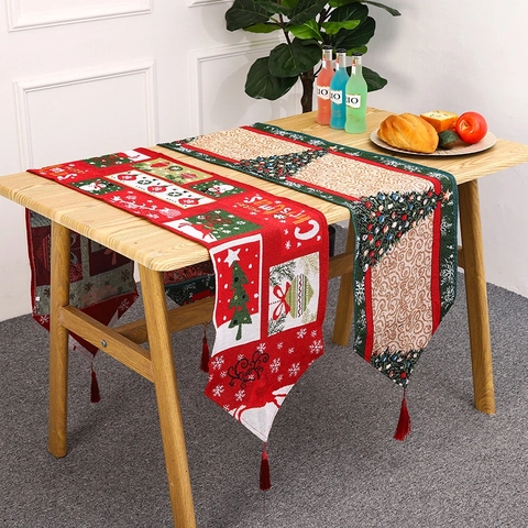 Chemin De Table Noël Polyester Tricoté Décor De Fête Motif Père Noël Bonhomme De Neige Gland Festif Nappe De Fête