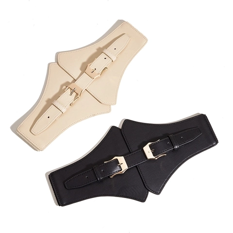 Cintura a Corsetto Larga da Donna in Pelle Sintetica Elastica Doppia Fibbia ad Ardiglione in Lega Decorativa