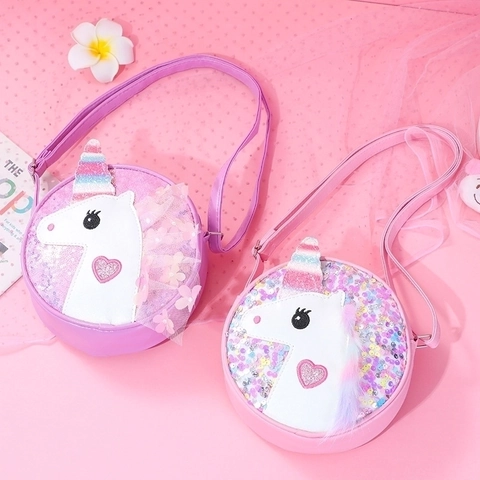 Borsa A Tracolla Rotonda Unicorno Per Bambine Pelle PU Paillettes Glitter Cartone Animato Per Uso Quotidiano