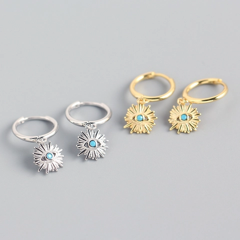 Orecchini A Cerchio Sole Malocchio Per Donna Argento Sterling 925 Boemo Turchese Pendente Stella