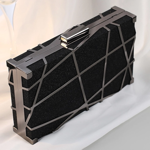 Women Evening Clutch Bag Glitter Sequins Geometric Metal Frame Box Shape Party Prom Wedding With Chain Strap