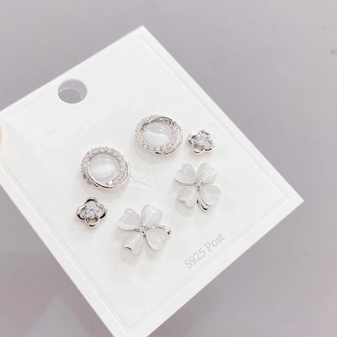 Clover Round Cat Eye Stone Stud Earrings With 925 Sterling Silver Earring Post Copper Zircon Elegant Korean Jewelry