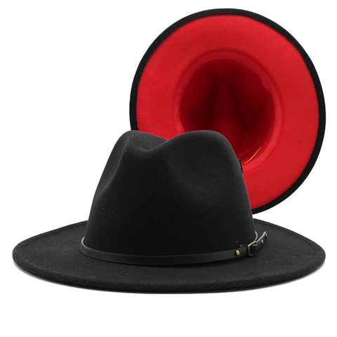 Fedora Hut Zweifarbig Wollfilz Breiter Flacher Rand Jazz Kappe Mit Gürtelschnalle Vintage Mode Für Männer Frauen