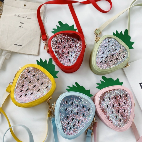 Strawberry Shape Kids Crossbody Bag PU Leather Shiny Floating Star Sequin Colorful Cartoon Shoulder Purse For Little Girls