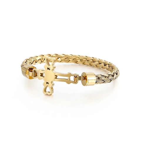 Men Woven Mesh Chain Bracelet 316L Stainless Steel Cross With Heart Cutout Punk Religious Jewelry Gold Black Silver Color