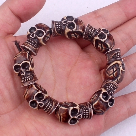 Skull Bead Bracelet Carved Resin Simulated Bone Punk Hip Hop Elastic Cord Retro Gothic Jewelry For Men Women