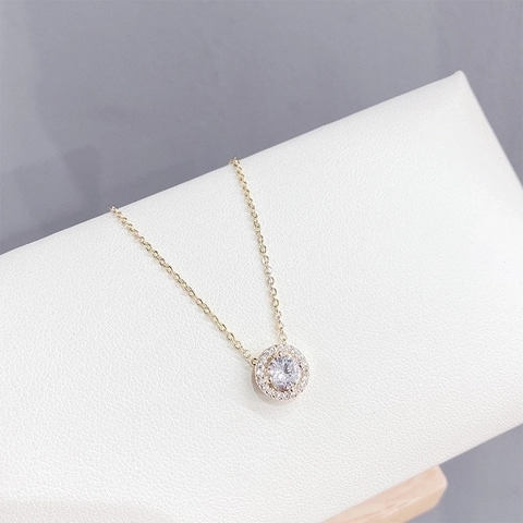 Copper Zircon Circle Halo Pendant Necklace Gold Plated Minimalist Elegant Jewelry For Women Fashion Clavicle Chain