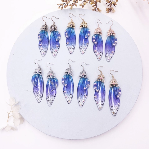 Orecchini Pendenti Ali Di Cicala Farfalla Sfumati Resina Strass Rame Con Perno In Argento Sterling 925 Eleganti